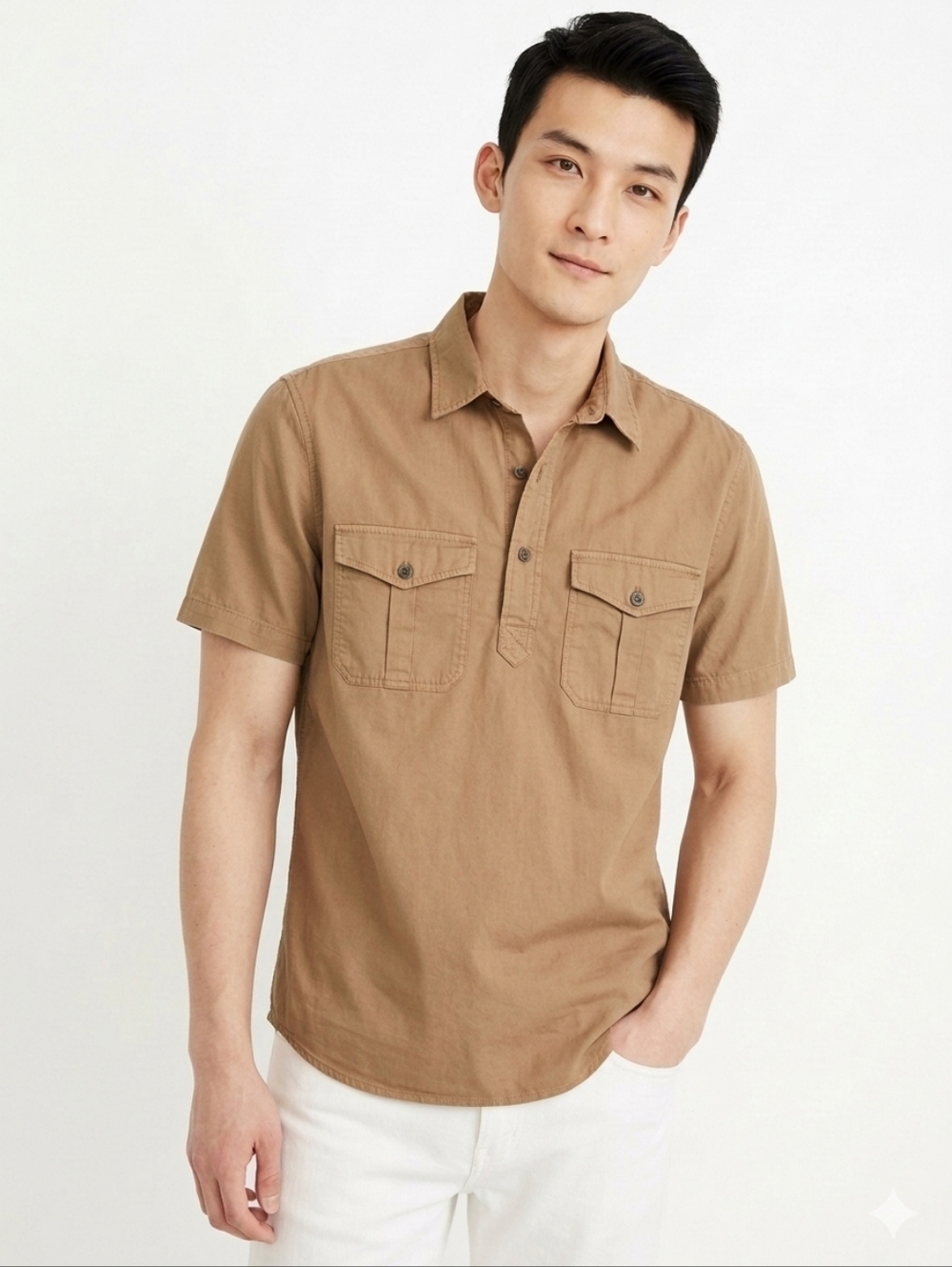 Madewell Men’s Short-Sleeve Popover Fatigue Military Shirt in Tan Western Large